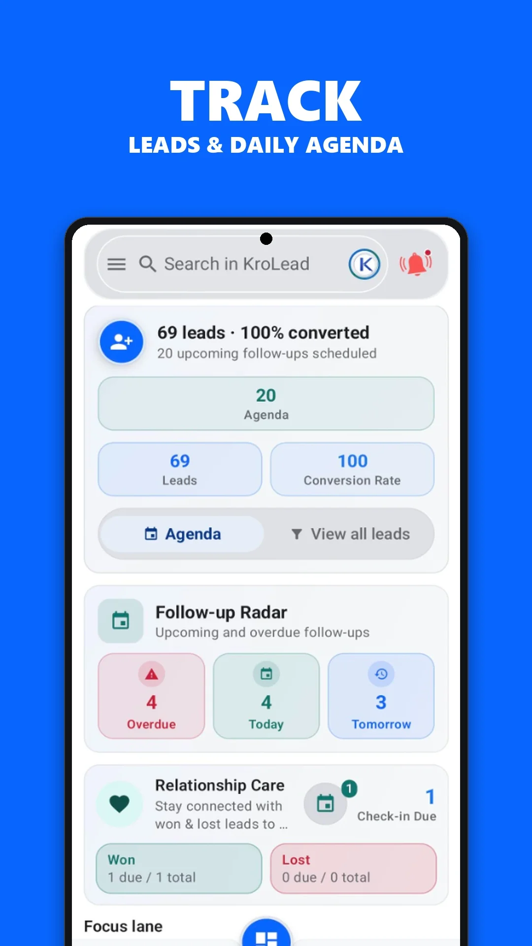 KroLead app screen showing local lead records and daily tasks