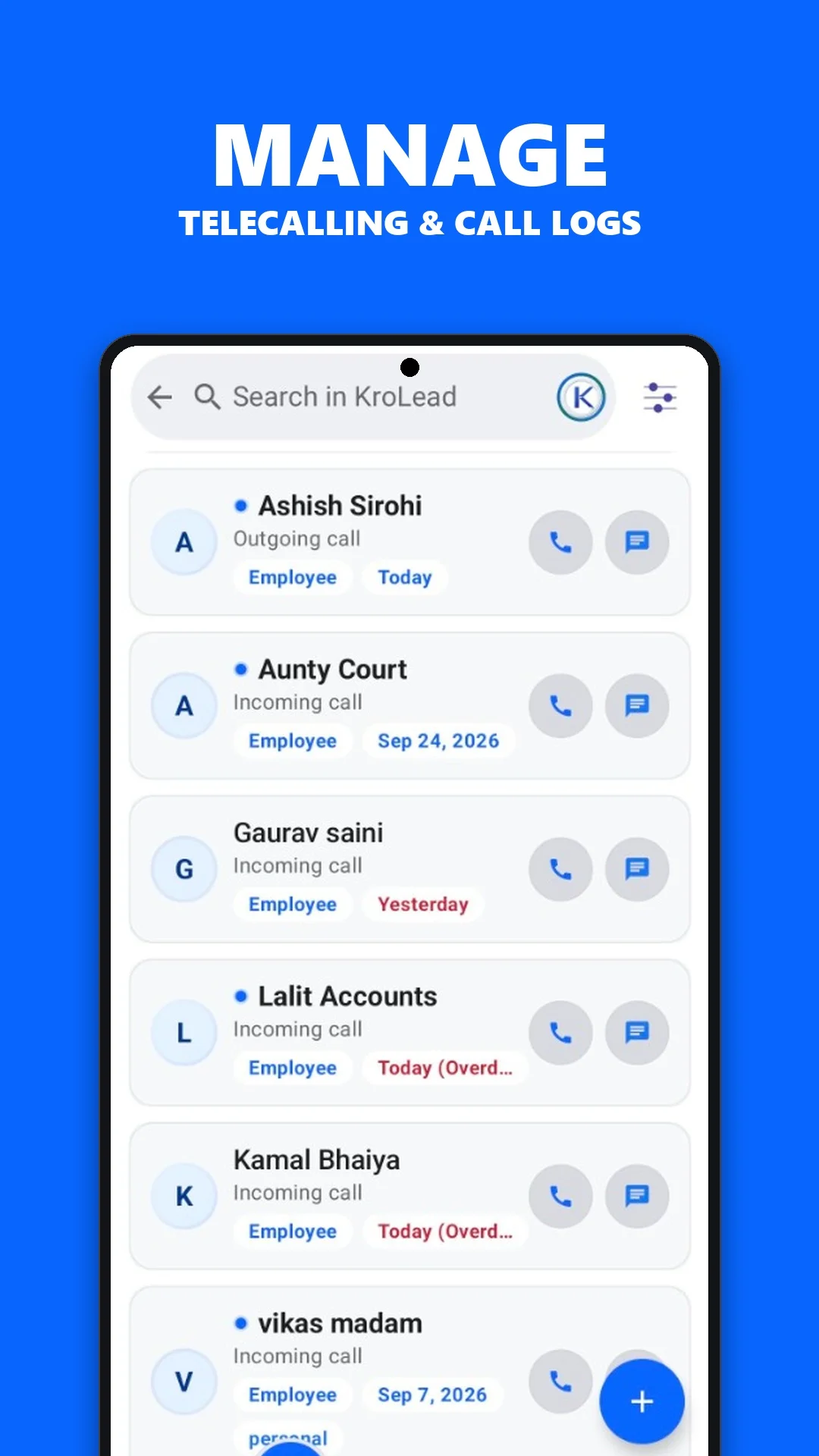 KroLead app screen showing telecalling and SIM call tracking