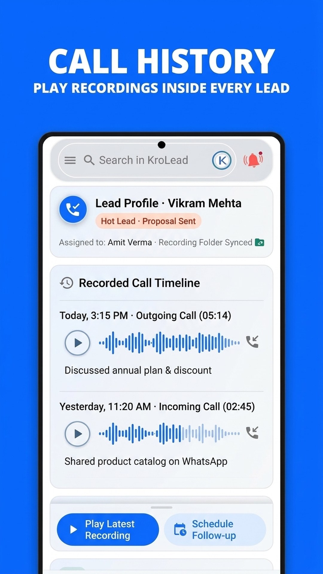 KroLead - Lead Call Recording Timeline & Playback